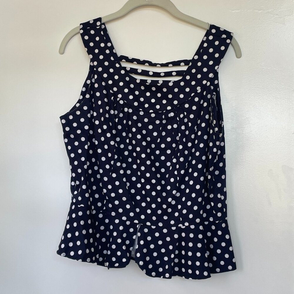 Bettie Page by Tatyana  Retro Style Polka‎ Dot Peplum Top in Navy, XXL
